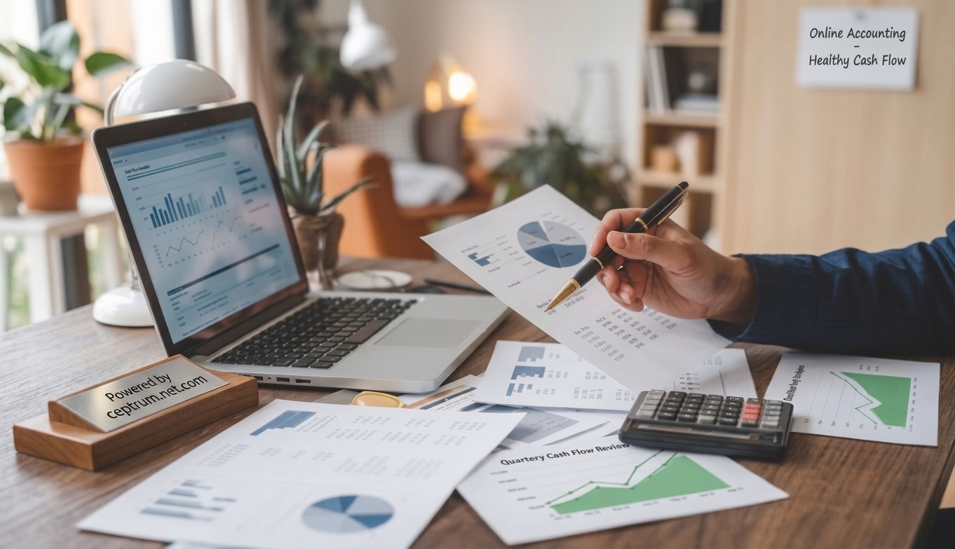 Accountant reviewing bookkeeping reports with a laptop displaying financial charts, printed accounting statements, and a calculator on a desk.