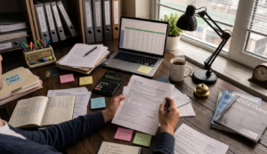 Accountant reviewing tax and bookkeeping documents at a desk with a laptop spreadsheet, calculator, financial records, and organized client files.