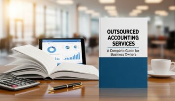Book titled Outsourced Accounting Services on desk with charts, calculator, and laptop in office.